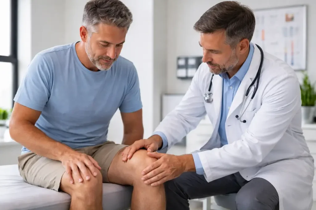 médico examinando joelho